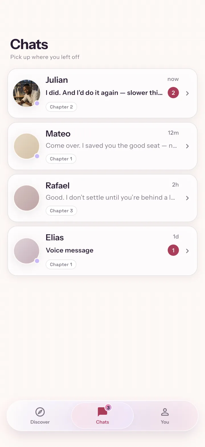 Paloo conversation list showing recent companions
